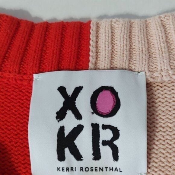 Kerri Rosenthal Sweater M Cotton Red Pink Colorblock Radiant Heart V-Neck NEW - Picture 13 of 15